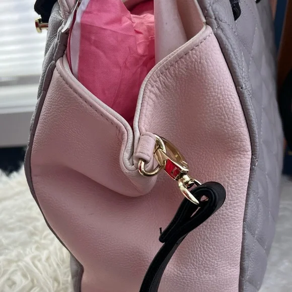 Betsey Johnson Light Pink and Gray Quilted Satchel with Heart Charm - Picture 3 of 11